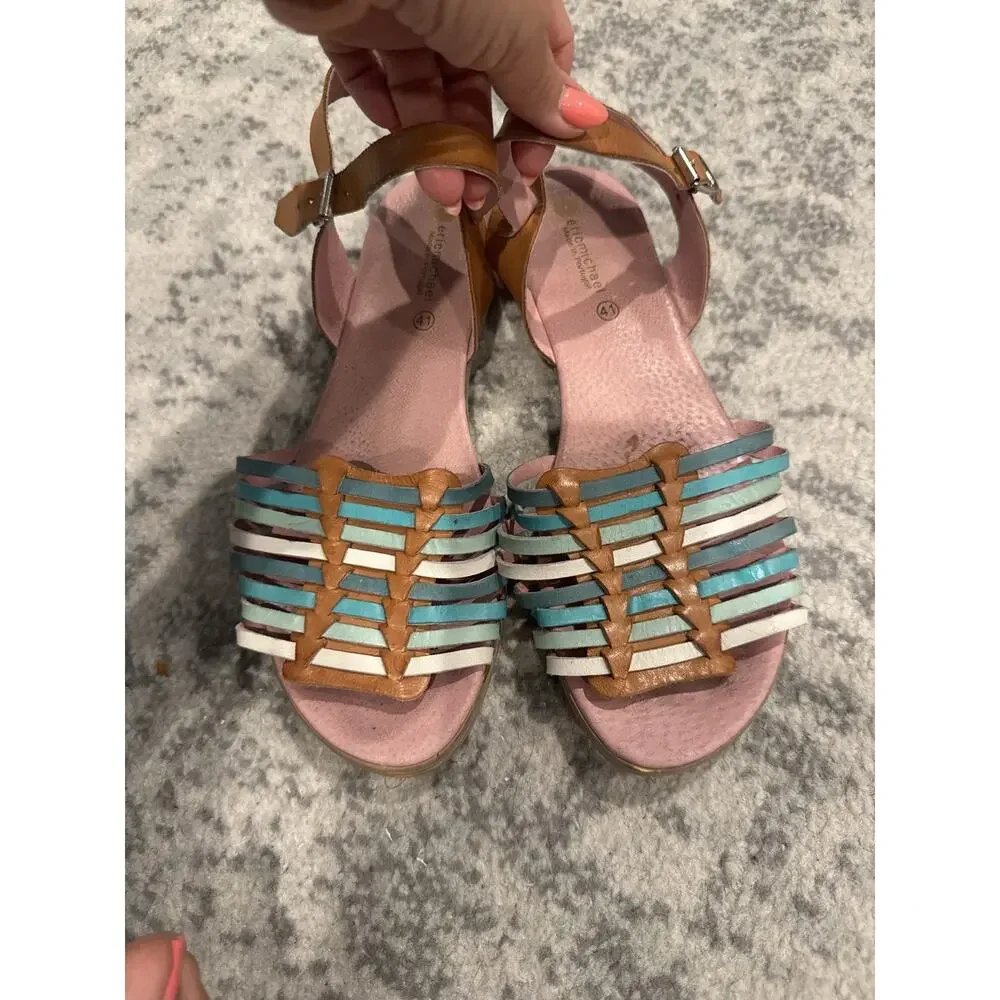 Eric michael Leather Woven Sandles Brown White Aqua And Pink Size 41